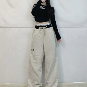 Spicy Girl Jazz Dance Double Waist Spliced Embroidered Loose Casual Sweatpants for Women - Hip Hop Sports Pants
