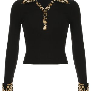 Spicy Girl Leopard Print Spliced Turn-Down V-Neck T-Shirt for Women - Slim Fit Long Sleeve Knitted Ribbed Top, Y2K American Style