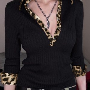 Spicy Girl Leopard Print Spliced Turn-Down V-Neck T-Shirt for Women - Slim Fit Long Sleeve Knitted Ribbed Top, Y2K American Style