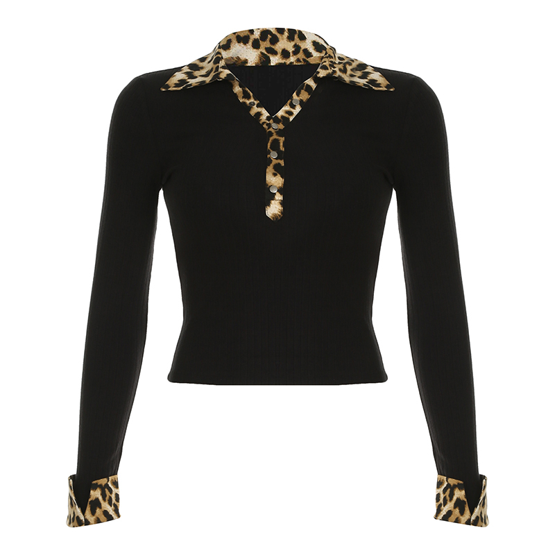 Spicy Girl Leopard Print Spliced Turn-Down V-Neck T-Shirt for Women - Slim Fit Long Sleeve Knitted Ribbed Top, Y2K American Style
