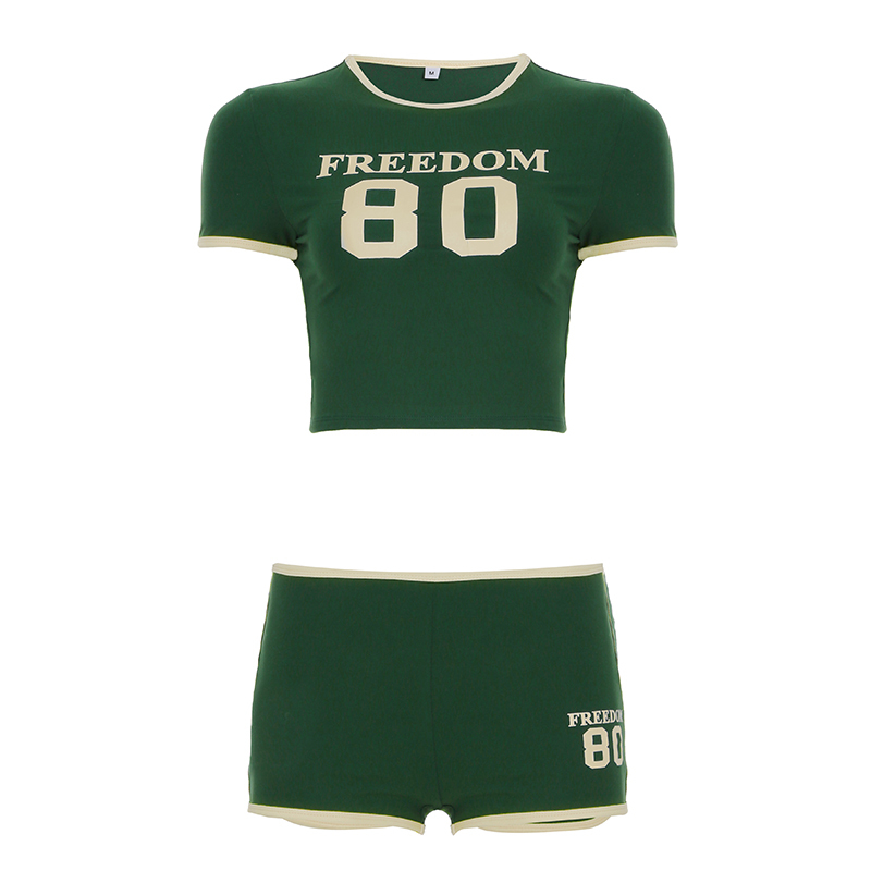 Spicy Girl Letter Print Round Neck Green Short Sleeve T-Shirt and Low Waist Elastic Shorts Two-Piece Set - Sports Style