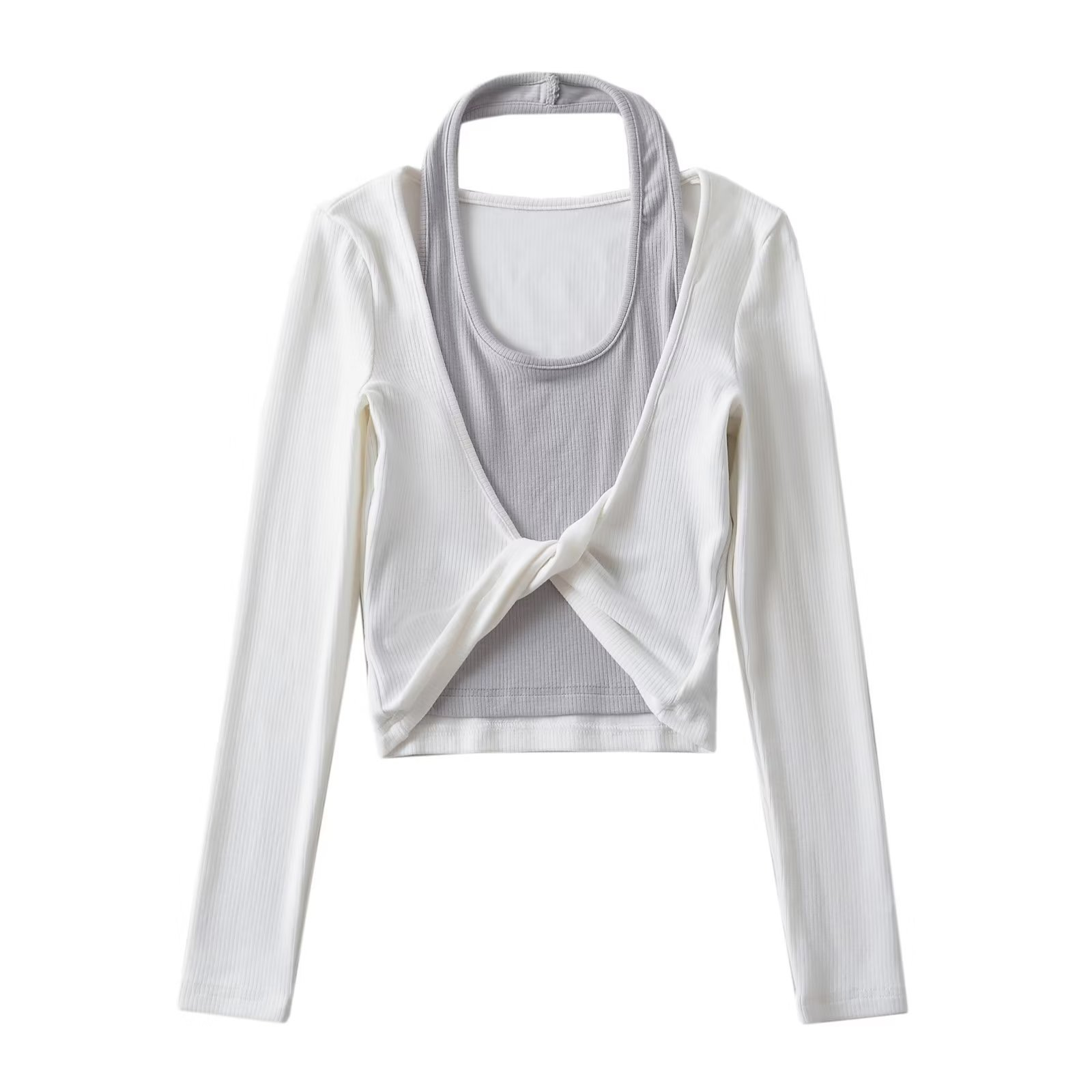 Spliced Halter Slim Fit Short Long Sleeve T-Shirt - K-Pop Inspired Women's Two-Piece Jazz Dance Top for Spring and Summer