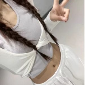 Spliced Halter Slim Fit Short Long Sleeve T-Shirt - K-Pop Inspired Women's Two-Piece Jazz Dance Top for Spring and Summer