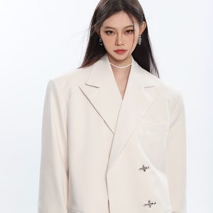Spliced High-End Suit Jacket for Women with Metal Buckle Detail - Spring Fashion Outerwear