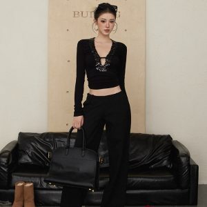 Spliced Sequin Base Tight T-Shirt for Autumn Winter - Heavy-Duty Fashion Top in Trendy Layered Style