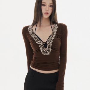 Spliced Sequin Base Tight T-Shirt for Autumn Winter - Heavy-Duty Fashion Top in Trendy Layered Style