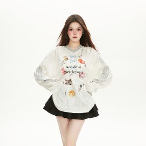 Sporty White Vertical Striped Long Sleeve T-Shirt with Satin Collar and Studded Playful Print - High-End Women's Baseball Tee