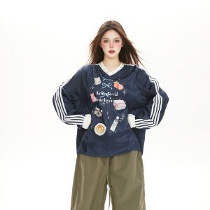 Sporty White Vertical Striped Long Sleeve T-Shirt with Satin Collar and Studded Playful Print - High-End Women's Baseball Tee