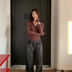 Spring 2025 American Vintage Slim Fit Waist-Defining Long Sleeve Women's Casual T-Shirt - Versatile Base Layer Top