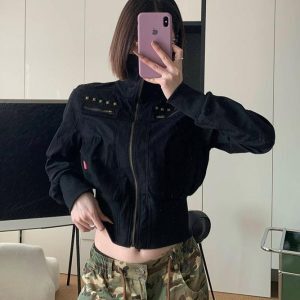 Spring 2025 Women's American Vintage Camouflage Lapel Short Cardigan Sweatshirt - Slim Fit Jacket for Y2K Style