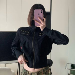 Spring 2025 Women's American Vintage Camouflage Lapel Short Cardigan Sweatshirt - Slim Fit Jacket for Y2K Style