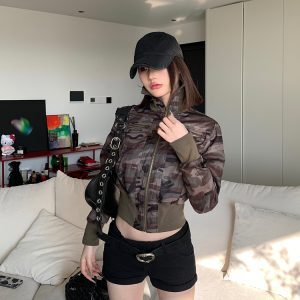 Spring 2025 Women's American Vintage Camouflage Lapel Short Cardigan Sweatshirt - Slim Fit Jacket for Y2K Style