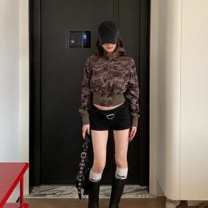 Spring 2025 Women's American Vintage Camouflage Lapel Short Cardigan Sweatshirt - Slim Fit Jacket for Y2K Style