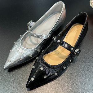 Spring 2025 Women's Genuine Leather Pointed Toe Mary Jane Shoes with Rhinestone One-Strap and Low Wedge Heels
