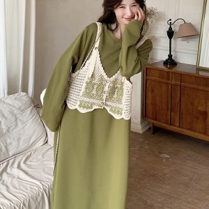 Spring 2025 Women's Knitted Patchwork Faux Two-Piece Green Sweatshirt Dress, Loose Fit Long Dress with Slimming Style