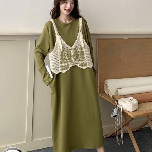 Spring 2025 Women's Knitted Patchwork Faux Two-Piece Green Sweatshirt Dress, Loose Fit Long Dress with Slimming Style