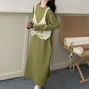 Spring 2025 Women's Knitted Patchwork Faux Two-Piece Green Sweatshirt Dress, Loose Fit Long Dress with Slimming Style