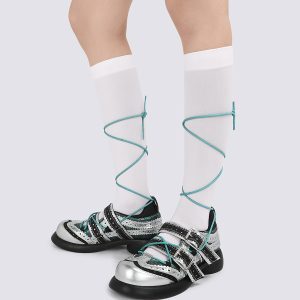 Spring 2025 Women’s Silver Ballet Mary Jane Shoes - Lace-Up Thick-Soled Flats for a Chic Y2K Look