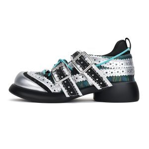 Spring 2025 Women’s Silver Ballet Mary Jane Shoes - Lace-Up Thick-Soled Flats for a Chic Y2K Look