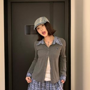 Spring American Style Plaid Splicing Knitted Cardigan for Women - Slim Fit Elegant Casual Top, Perfect for 90s and Y2K Inspired Outfits