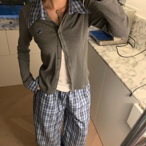 Spring American Style Plaid Splicing Knitted Cardigan for Women - Slim Fit Elegant Casual Top, Perfect for 90s and Y2K Inspired Outfits