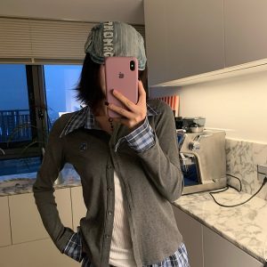 Spring American Style Plaid Splicing Knitted Cardigan for Women - Slim Fit Elegant Casual Top, Perfect for 90s and Y2K Inspired Outfits