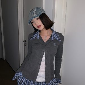 Spring American Style Plaid Splicing Knitted Cardigan for Women - Slim Fit Elegant Casual Top, Perfect for 90s and Y2K Inspired Outfits