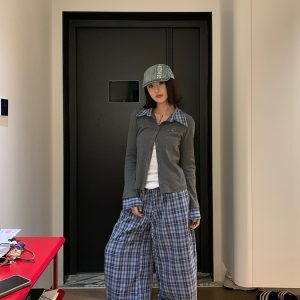 Spring American Style Plaid Splicing Knitted Cardigan for Women - Slim Fit Elegant Casual Top, Perfect for 90s and Y2K Inspired Outfits