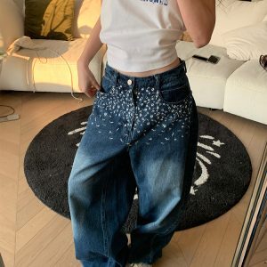 Spring American Vintage Floral Embroidery Loose Fit Wide Leg Jeans Unisex Casual Trousers for 90s Y2K Style