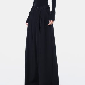Spring Black Pleated Design Suit Pants for Women - High Waist Loose Draped Floor-Length Trousers, 90s Inspired Fashion