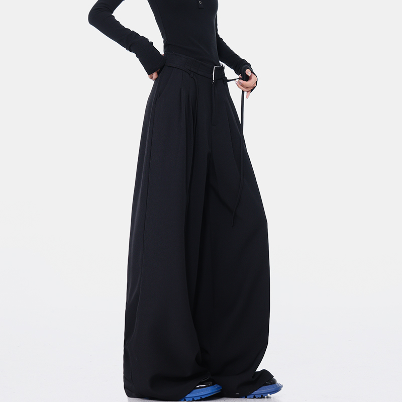 Spring Black Pleated Design Suit Pants for Women - High Waist Loose Draped Floor-Length Trousers, 90s Inspired Fashion