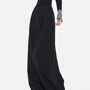 Spring Black Pleated Wide-Leg Suit Pants for Women - Versatile Loose Slim Trousers in Trendy Korean Style