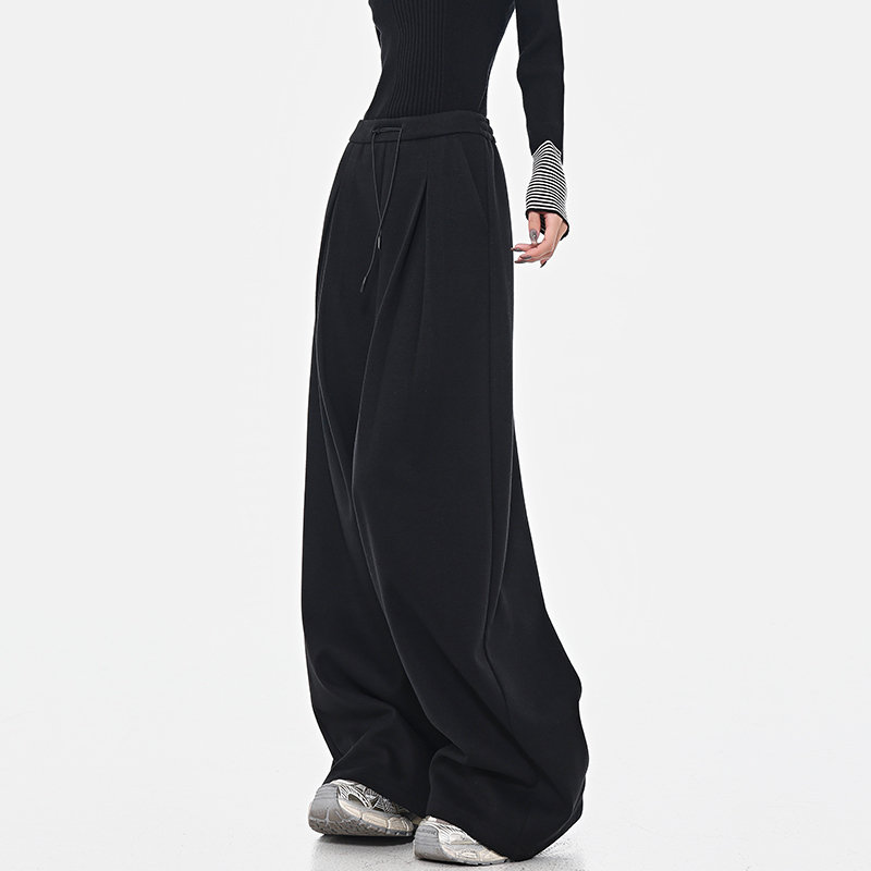Spring Black Pleated Wide-Leg Suit Pants for Women - Versatile Loose Slim Trousers in Trendy Korean Style