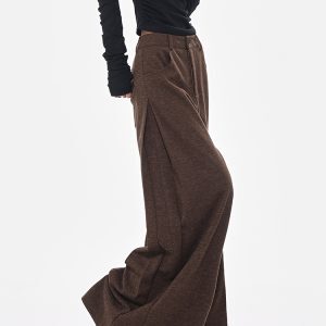Spring Coffee Color Pleated Wide Leg Loose Fit Suit Pants for Women - Draped Floor-Length Design for Effortless Style