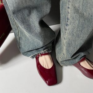 Spring Fashion Patent Wine Red Mary Jane Shoes for Women - Small Leather, Square Toe, Low Heel, Flat Single Shoes, Trendy 90s Style