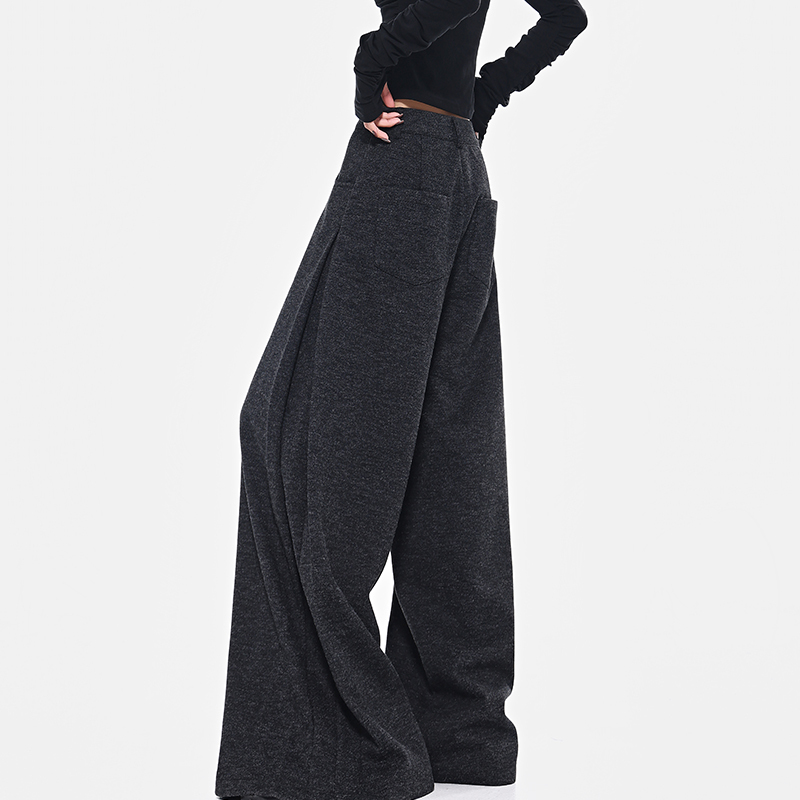 Spring Gray Pleated Design Suit Pants for Women - Loose Wide-Leg Draped Slimming Floor-Length Trousers, Y2K Chic Style