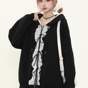 Spring Lace Trim Bow Tie Zipper Hoodie Jacket for Women - Sweet Girl Loose Fit - 90s Inspired Fashion Top