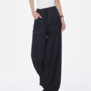 Spring New Black Wide-Leg Suit Pants for Women with Contrast Stitching, High Waist, Draped Fit, Slimming Y2K Style