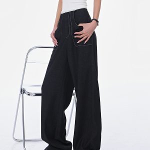 Spring New Black Wide-Leg Suit Pants for Women with Contrast Stitching, High Waist, Draped Fit, Slimming Y2K Style