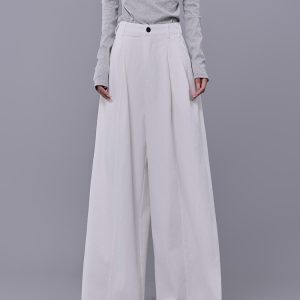 Spring New White High-Waisted Pleated Cuffed Casual Pants for Women - Elastic Waist Straight Wide-Leg Trousers, Y2K Style