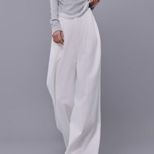 Spring New White High-Waisted Pleated Cuffed Casual Pants for Women - Elastic Waist Straight Wide-Leg Trousers, Y2K Style
