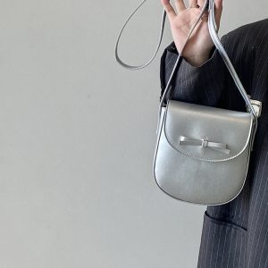 Spring Summer Women's Small Silver Crossbody Bag with Bow - Exquisite Niche Design for 2025