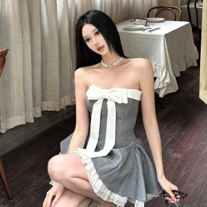 Spring Vintage Bow Strapless A-Line Puff Skirt Women's Princess Dress for Birthday Parties, Cute Short Dress