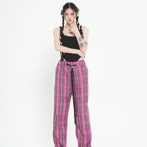 Spring Vintage Plaid Wide-Leg Long Pants for Women - Chic Loose Fit Casual Trousers in American Style