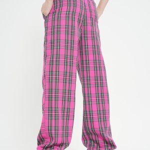 Spring Vintage Plaid Wide-Leg Long Pants for Women - Chic Loose Fit Casual Trousers in American Style