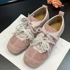 Square-Toed Cowhide Women's Shoes - 2025 Spring Lace-Up Suede Loafers with Pearl Bow - European Style Casual Footwear