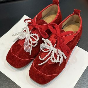 Square-Toed Cowhide Women's Shoes - 2025 Spring Lace-Up Suede Loafers with Pearl Bow - European Style Casual Footwear