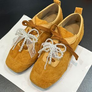 Square-Toed Cowhide Women's Shoes - 2025 Spring Lace-Up Suede Loafers with Pearl Bow - European Style Casual Footwear