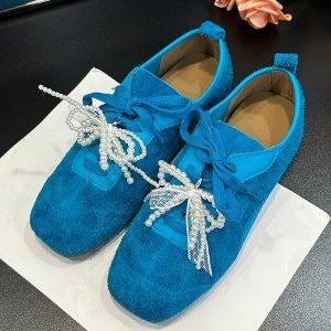 Square-Toed Cowhide Women's Shoes - 2025 Spring Lace-Up Suede Loafers with Pearl Bow - European Style Casual Footwear