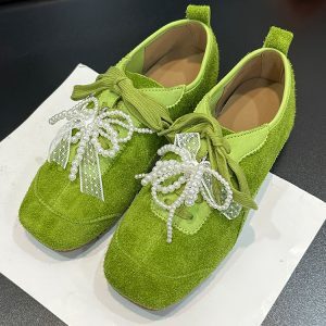 Square-Toed Cowhide Women's Shoes - 2025 Spring Lace-Up Suede Loafers with Pearl Bow - European Style Casual Footwear
